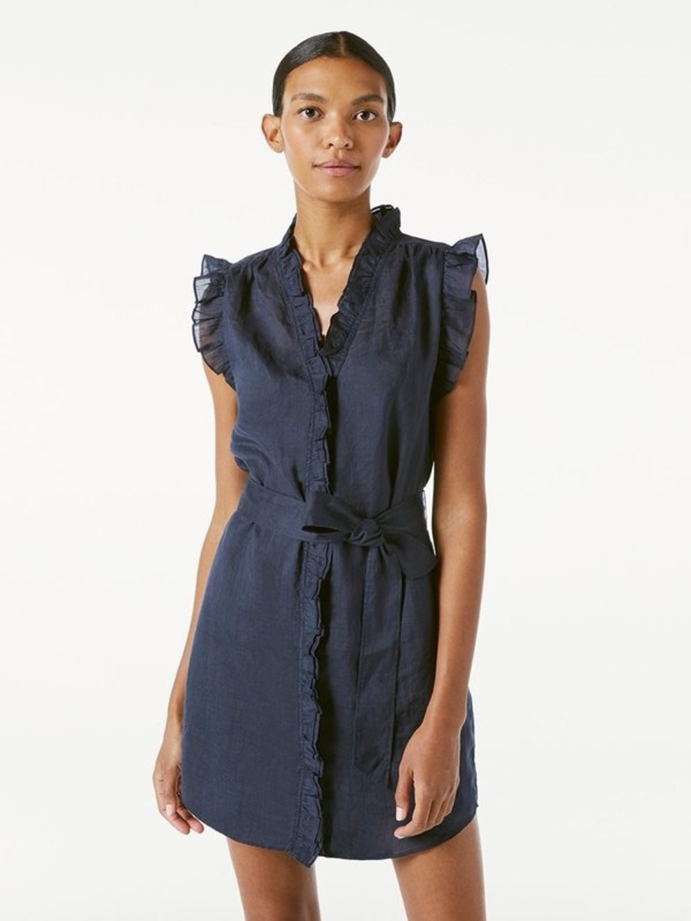 FRAME Sleeveless Ruffle Tie-Waist Lauren Dress in Navy